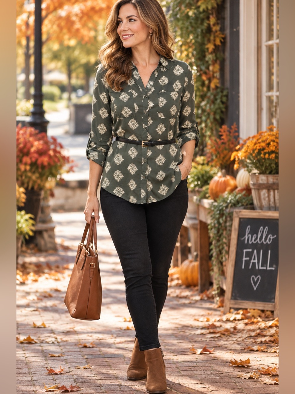 Fortune & Ivy Green Patterned Button Down Shirt
